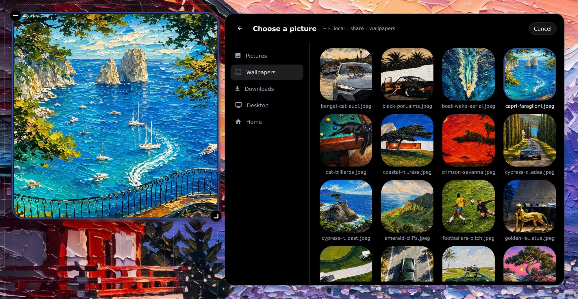 Arranging: the photo widget beside the picker, open on the wallpapers folder, a grid of thumbnails with Pictures, Wallpapers, Downloads, Desktop and Home down its side