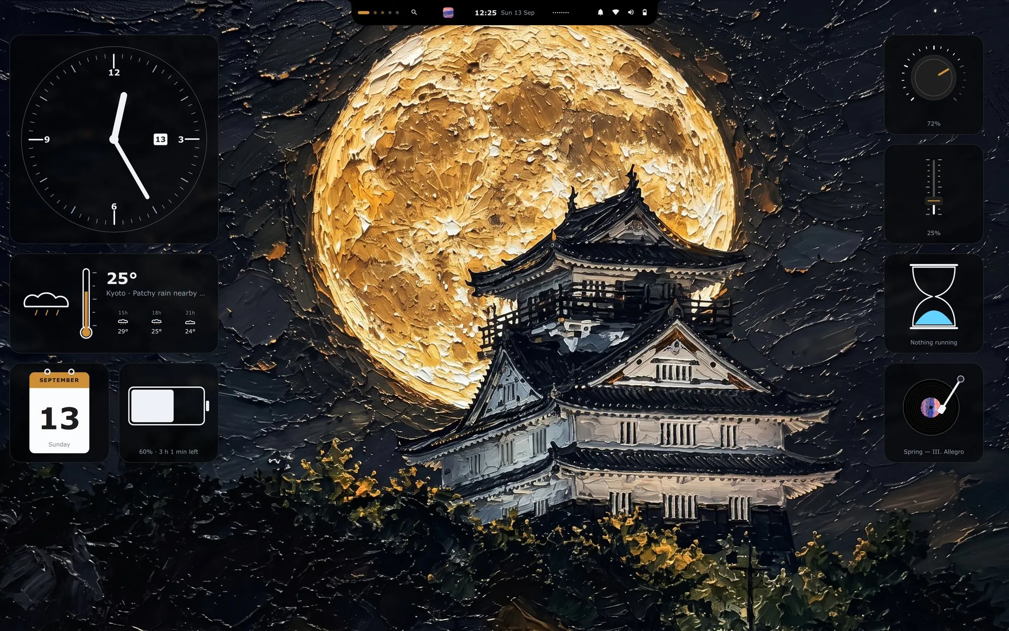 The whole desk on the Moon castle profile: a painted castle under a full moon, the bar as one island, and Analogue widgets down both sides.