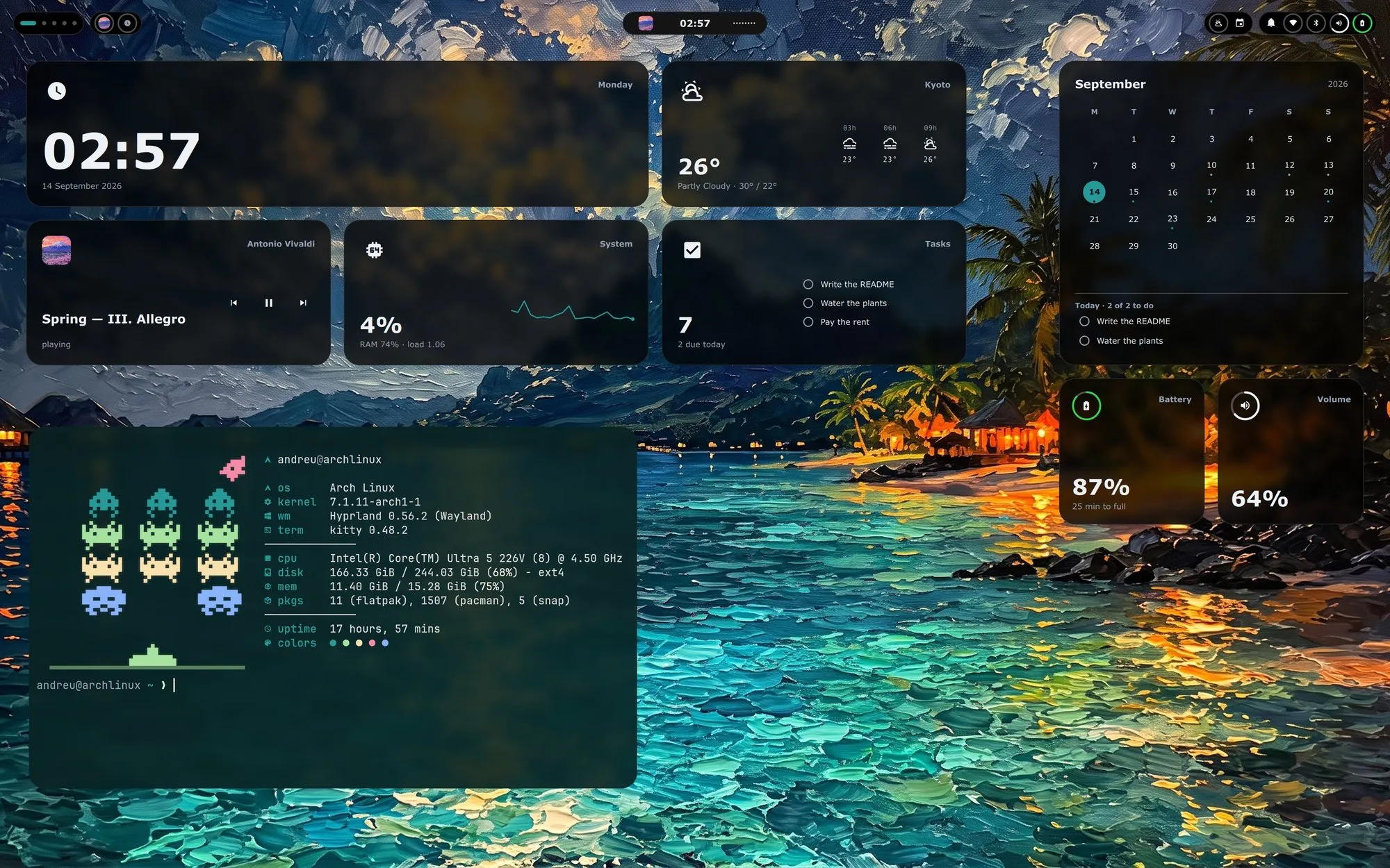 The whole desk on the Night bay profile: a tropical bay at night, the spread bar, a wide clock and the weather across the top with the player, the system and the tasks under them, the calendar on the right with the battery and the volume under it, and a terminal with the greeting below on the left.