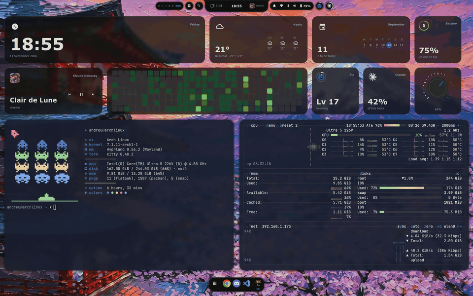 The wallpaper changing three times, and the bar, the widgets, the terminal and the system monitor repainting with each one