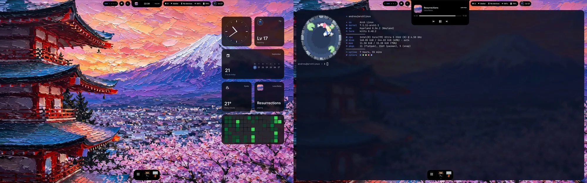 Two screens side by side. On the left, the bar with the island at rest on the time, the desktop's widgets and the dock. On the right, a terminal with the greeting, the same bar, and the live island open on the player.