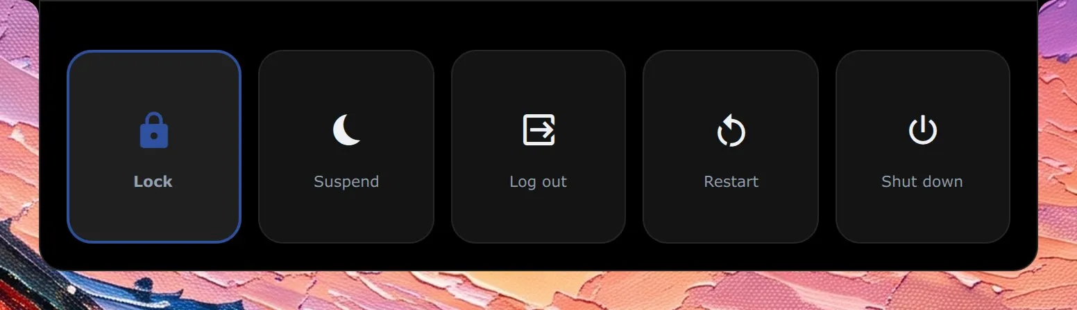 The session menu: Lock, Suspend, Log out, Restart and Shut down, as five large buttons.