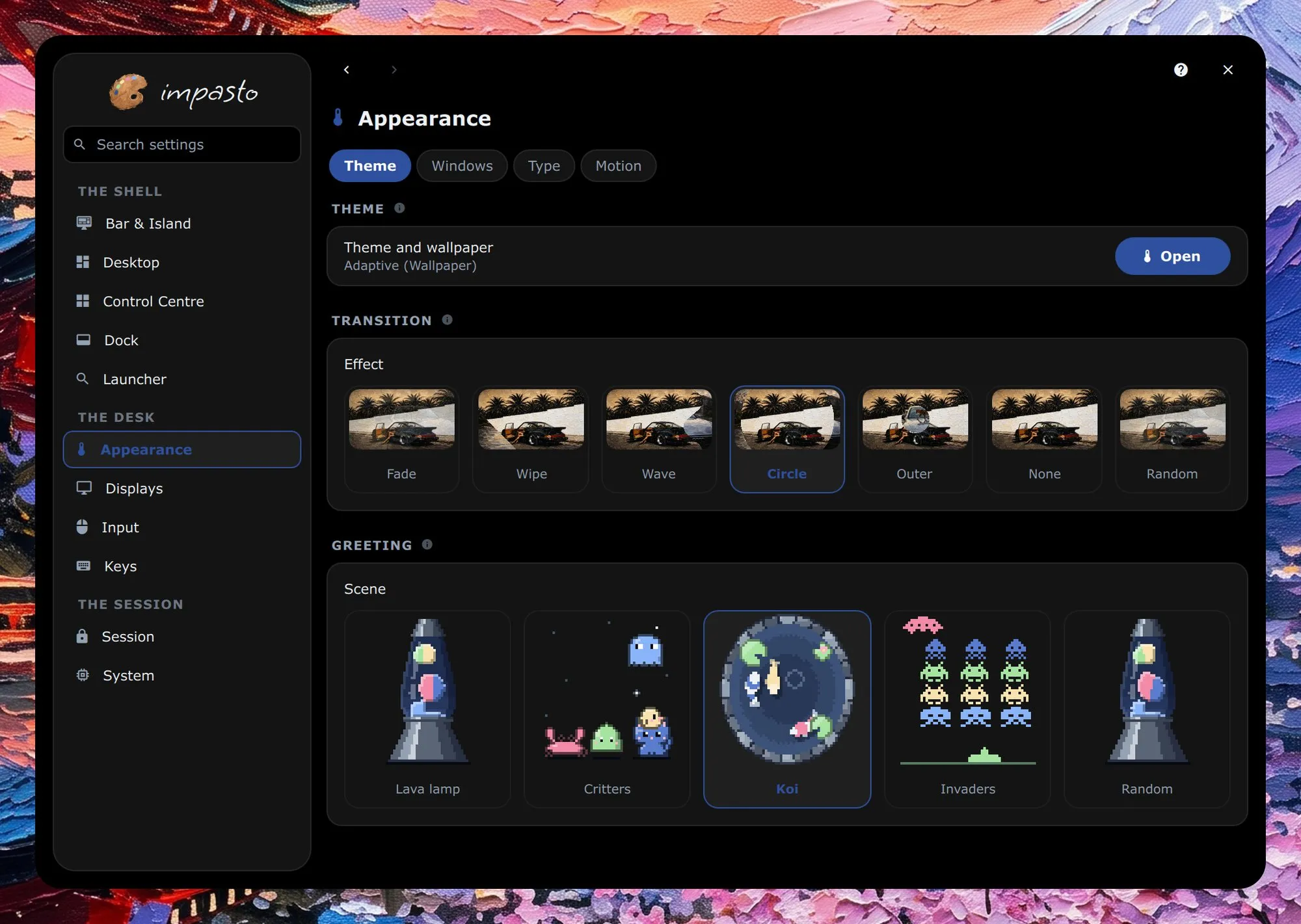 The settings window on the Appearance page, with the sidebar on the left; the page shows the theme and wallpaper, the wallpaper transition and the greeting scene.