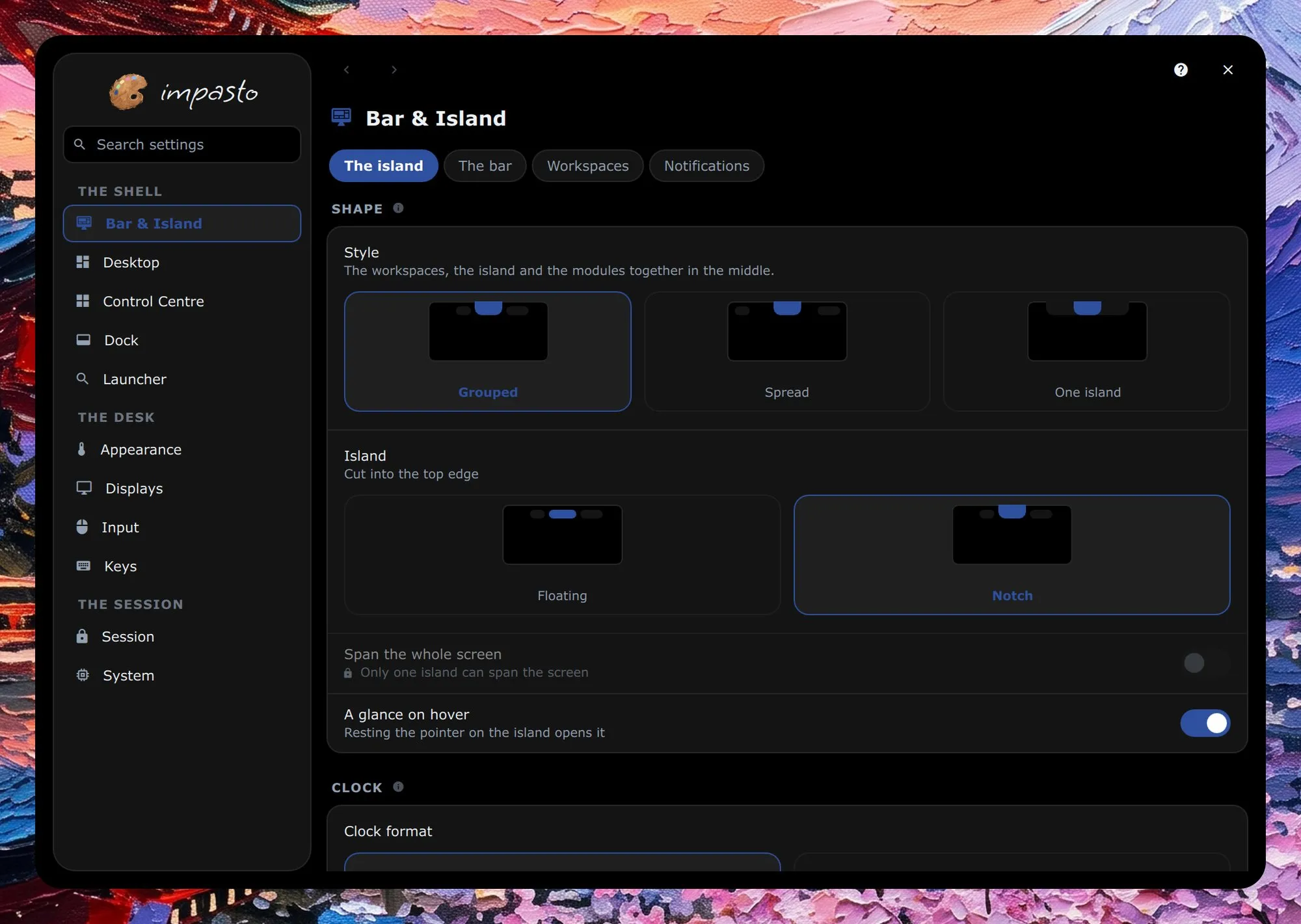 The settings window on the Bar & Island page, with the sidebar on the left; the page shows the bar's three styles, grouped, spread and one island, and whether the island floats or cuts into the top edge.
