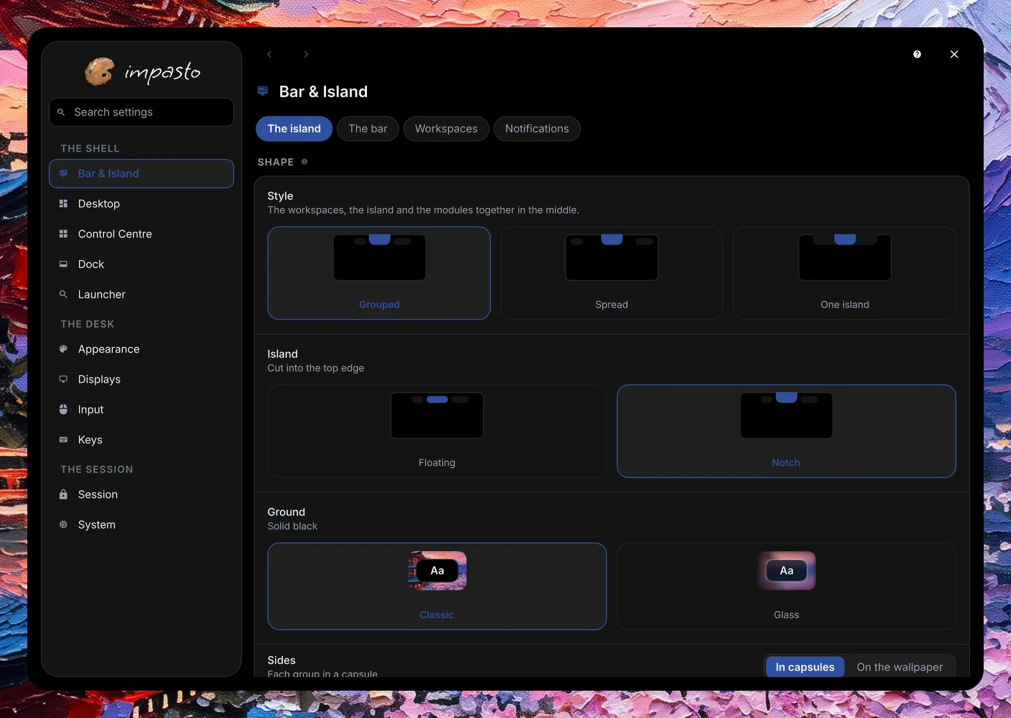 The settings window, with the sidebar on the left; the page shows three bar styles, grouped, spread and one island, whether the island floats or cuts into the top edge, its ground, classic or glass, and whether the sides sit in capsules or on the wallpaper.