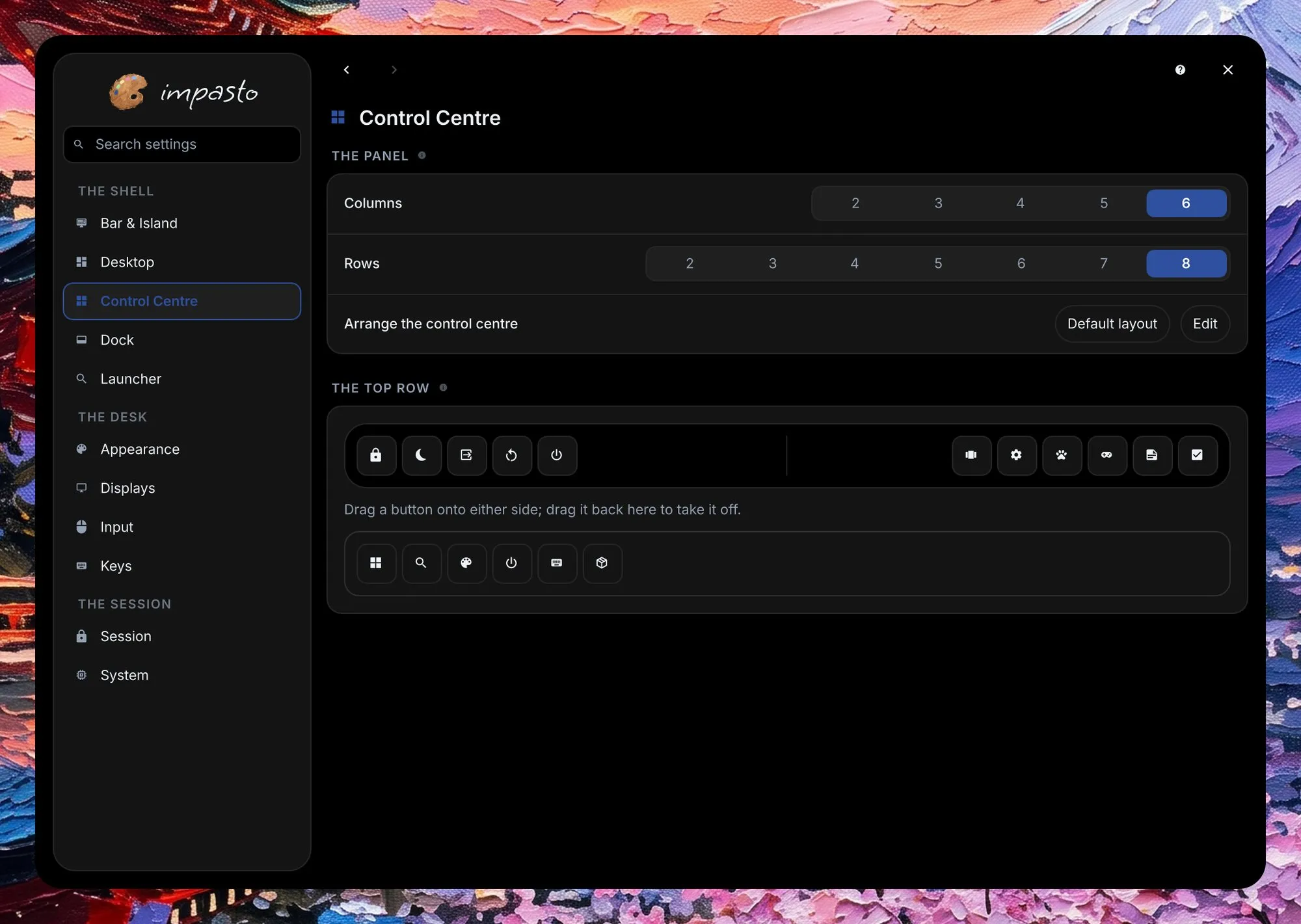 The settings window on the Control Centre page, with the sidebar on the left; the page shows the panel's columns and rows, the button to arrange it, and its top row with a button on each side and the rest in a tray to drag them from.