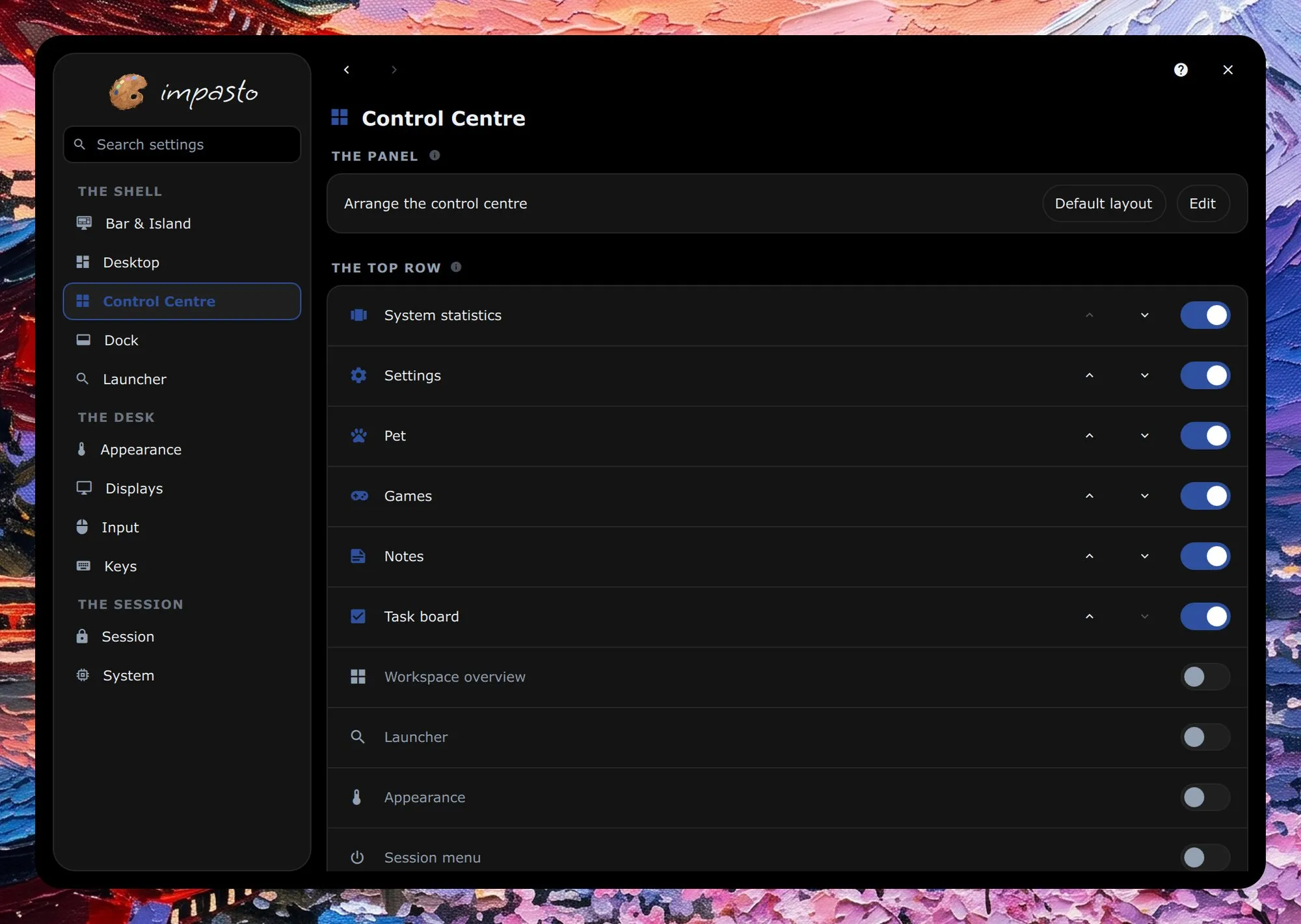 The settings window on the Control Centre page, with the sidebar on the left; the page shows the button to arrange the panel and the buttons of its top row, each with a switch.