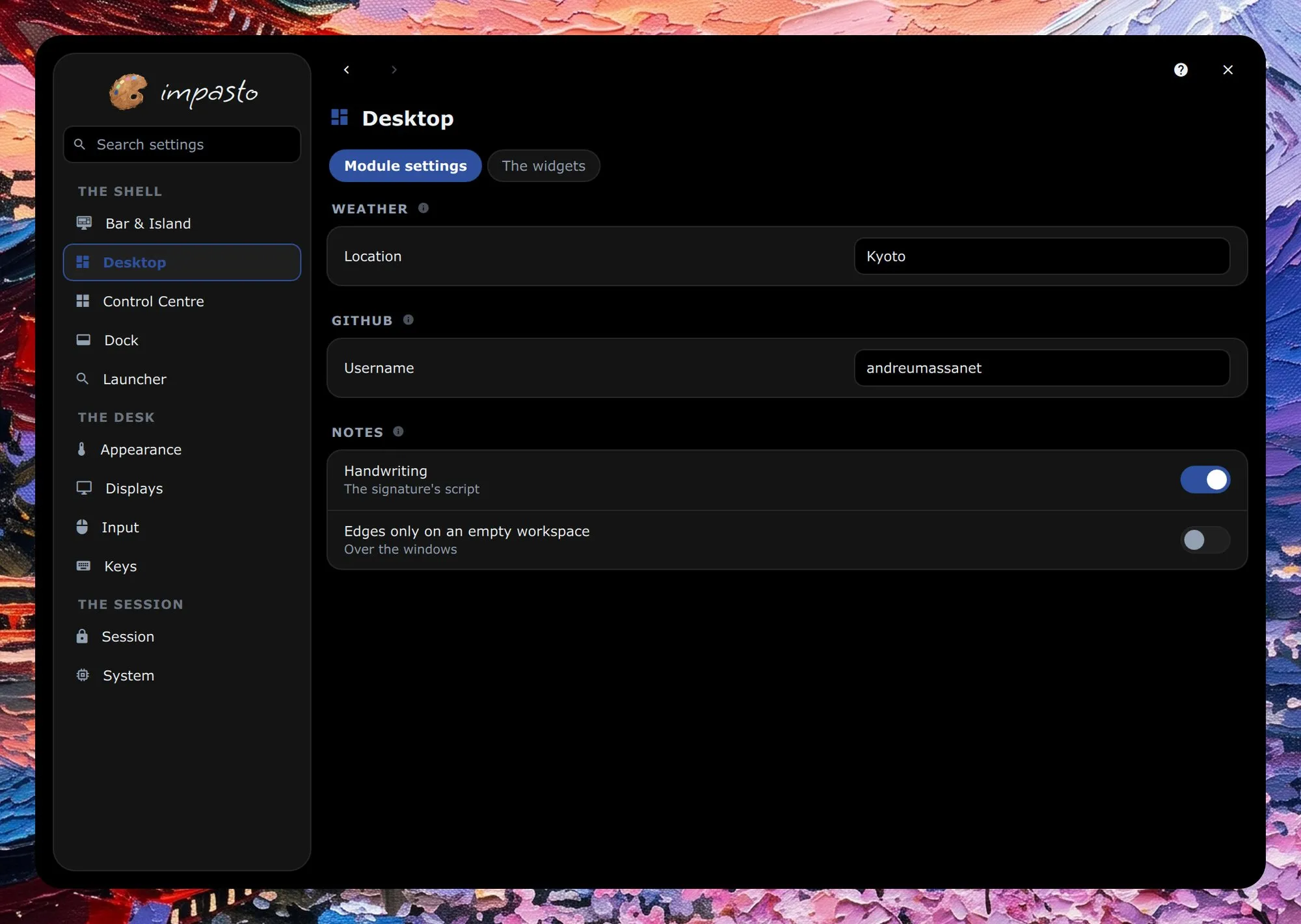 The settings window on the Desktop page, with the sidebar on the left; the page shows the weather location, the GitHub username and how a note is written.