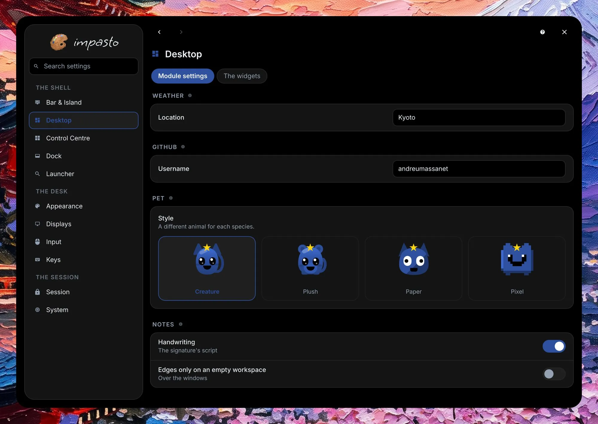 The settings window, with the sidebar on the left; the page shows the weather location, the GitHub username, the pet drawn four ways and how a note is written.