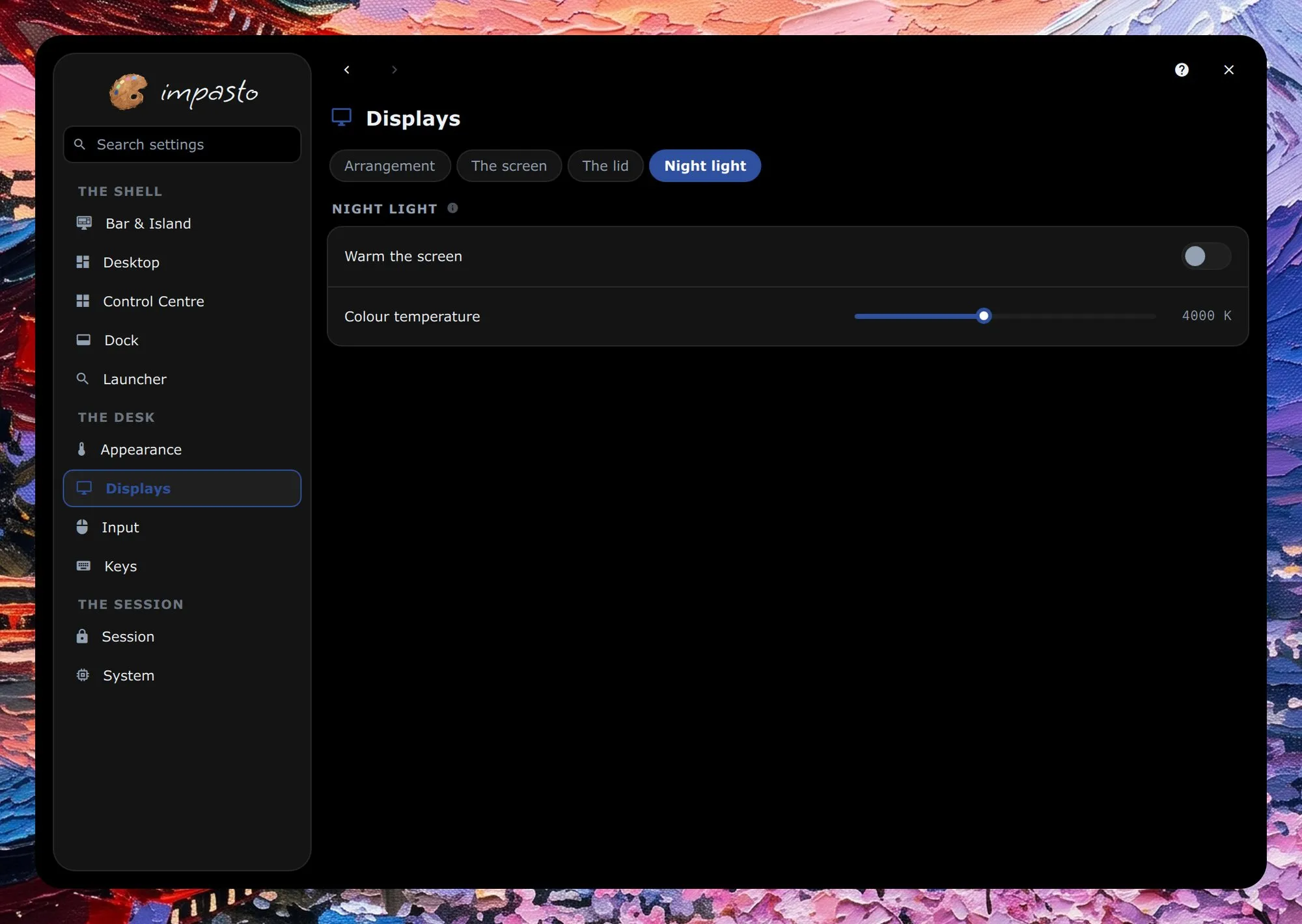 The settings window on the Displays page, with the sidebar on the left; the page shows the night light, off, and its colour temperature.