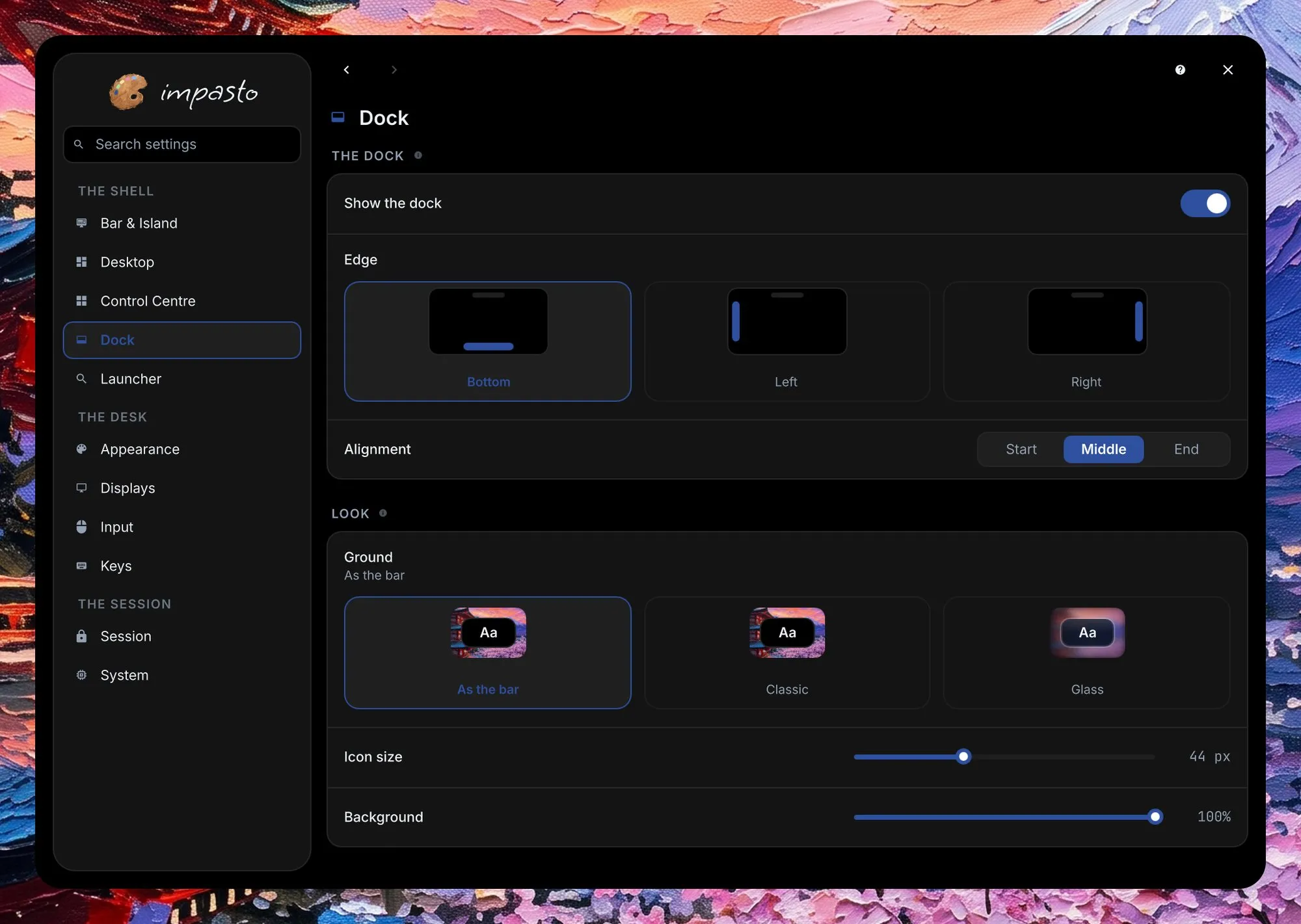 The settings window on the Dock page, with the sidebar on the left; the page shows whether the dock shows, the edge it sits on, its alignment, its ground (as the bar, classic or glass), its size and its background.