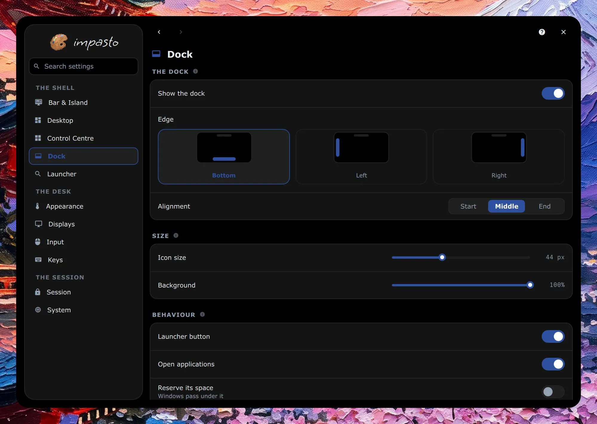 The settings window on the Dock page, with the sidebar on the left; the page shows whether the dock shows, the edge it sits on, its alignment and its size.