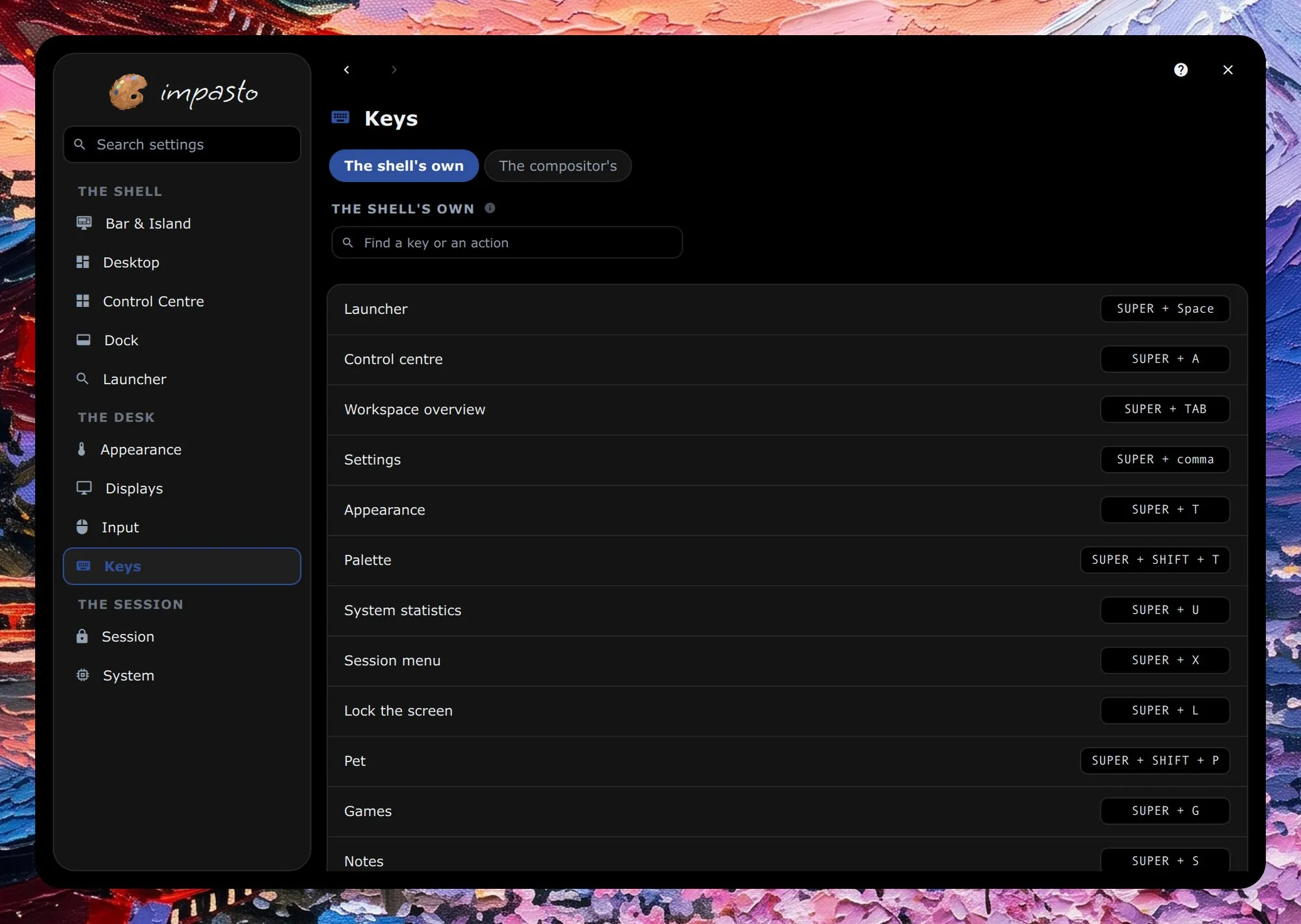 The settings window on the Keys page, with the sidebar on the left; the page shows the shell's own key bindings, each one editable, with a search field.