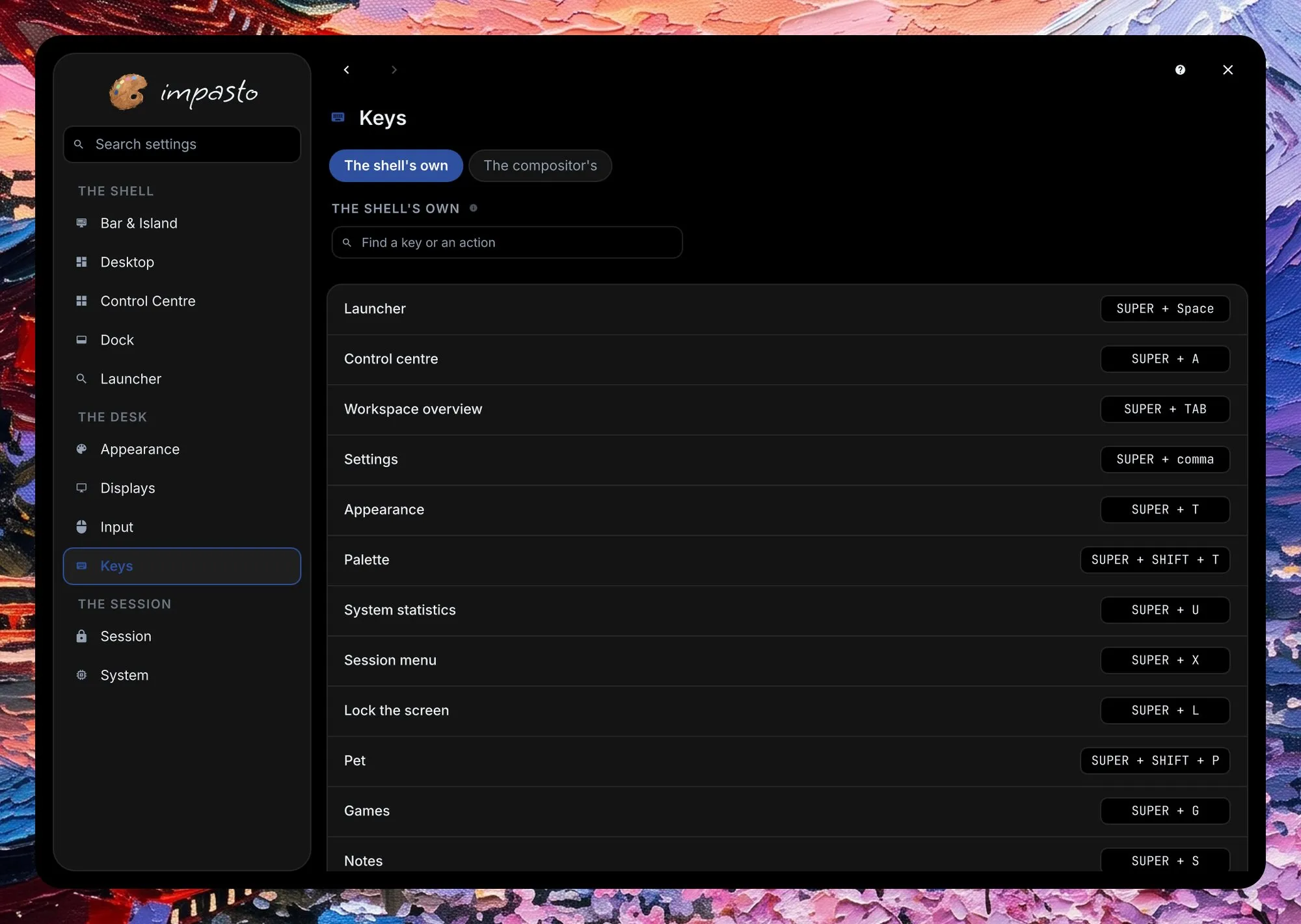 The settings window on the Keys page, with the sidebar on the left; the page shows the shell's own key bindings, each one editable, with a search field.