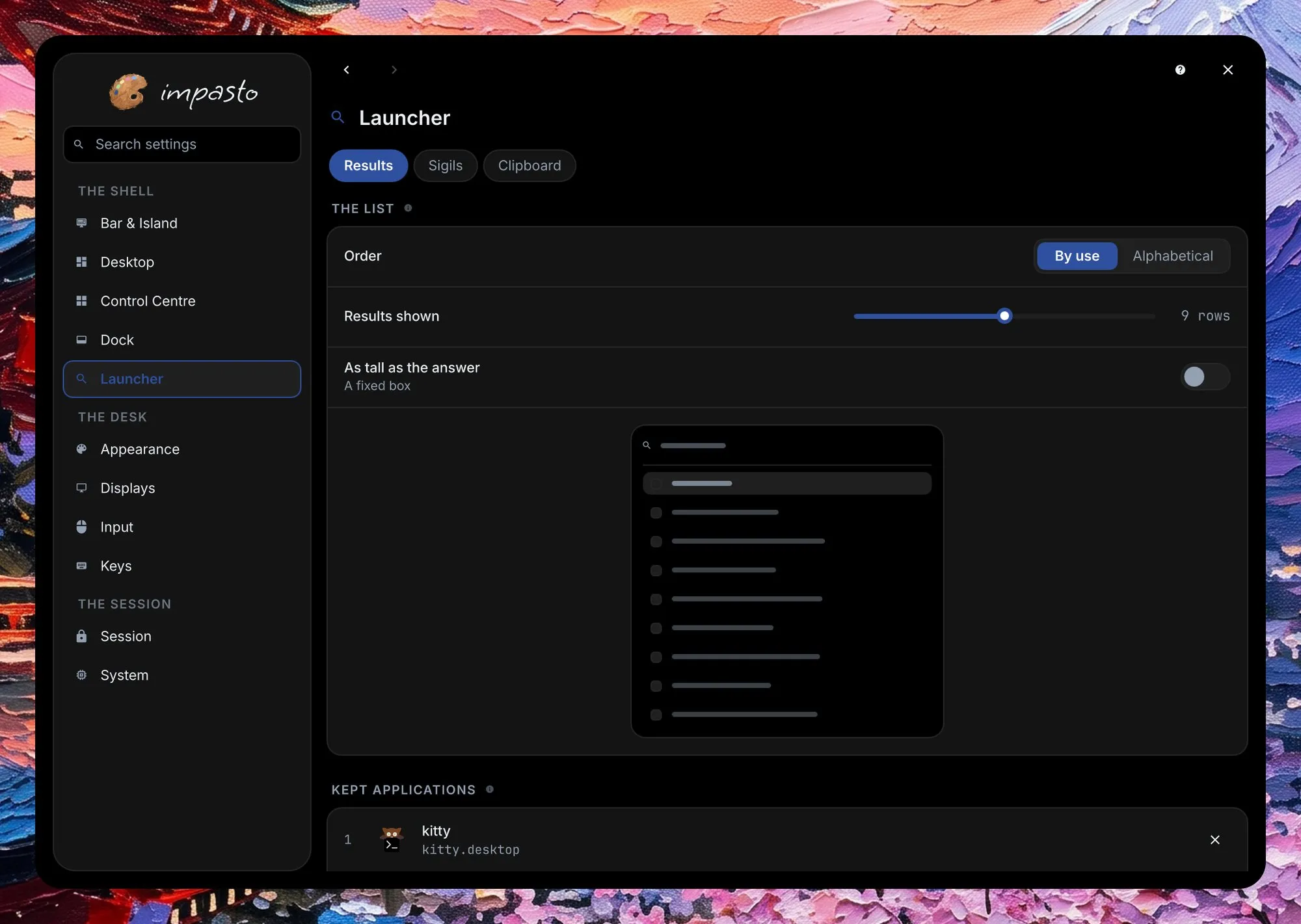 The settings window on the Launcher page, with the sidebar on the left; the page shows the order of results, how many are shown and a preview of the list, and under it the applications kept on the dock, kitty first.