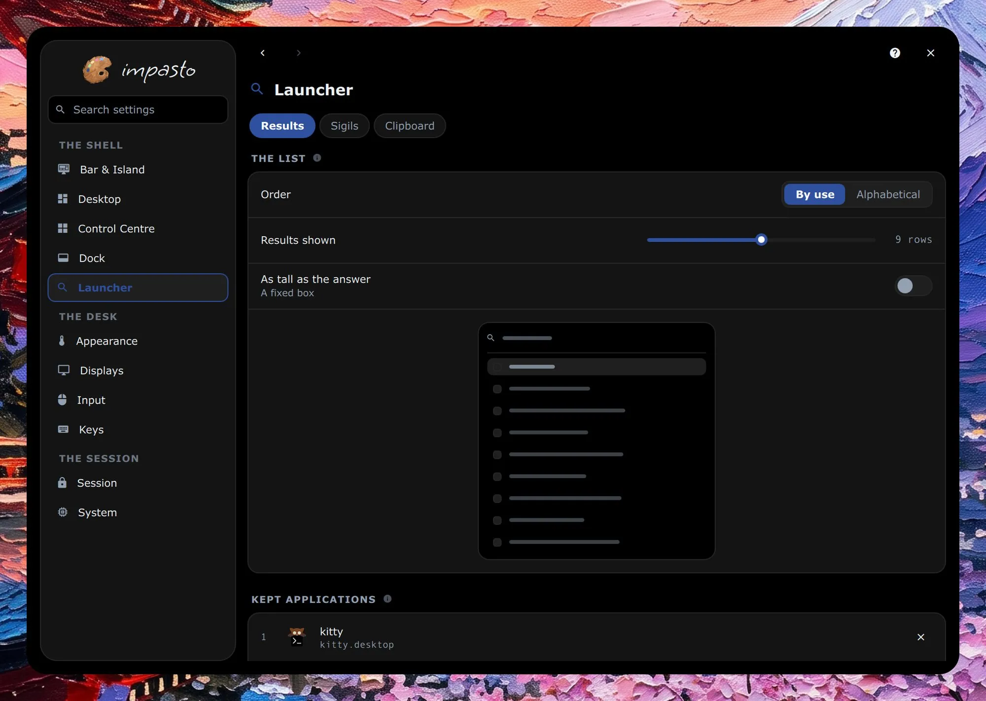 The settings window on the Launcher page, with the sidebar on the left; the page shows the order of results, how many are shown and a preview of the list, and under it the applications kept on the dock, kitty first.
