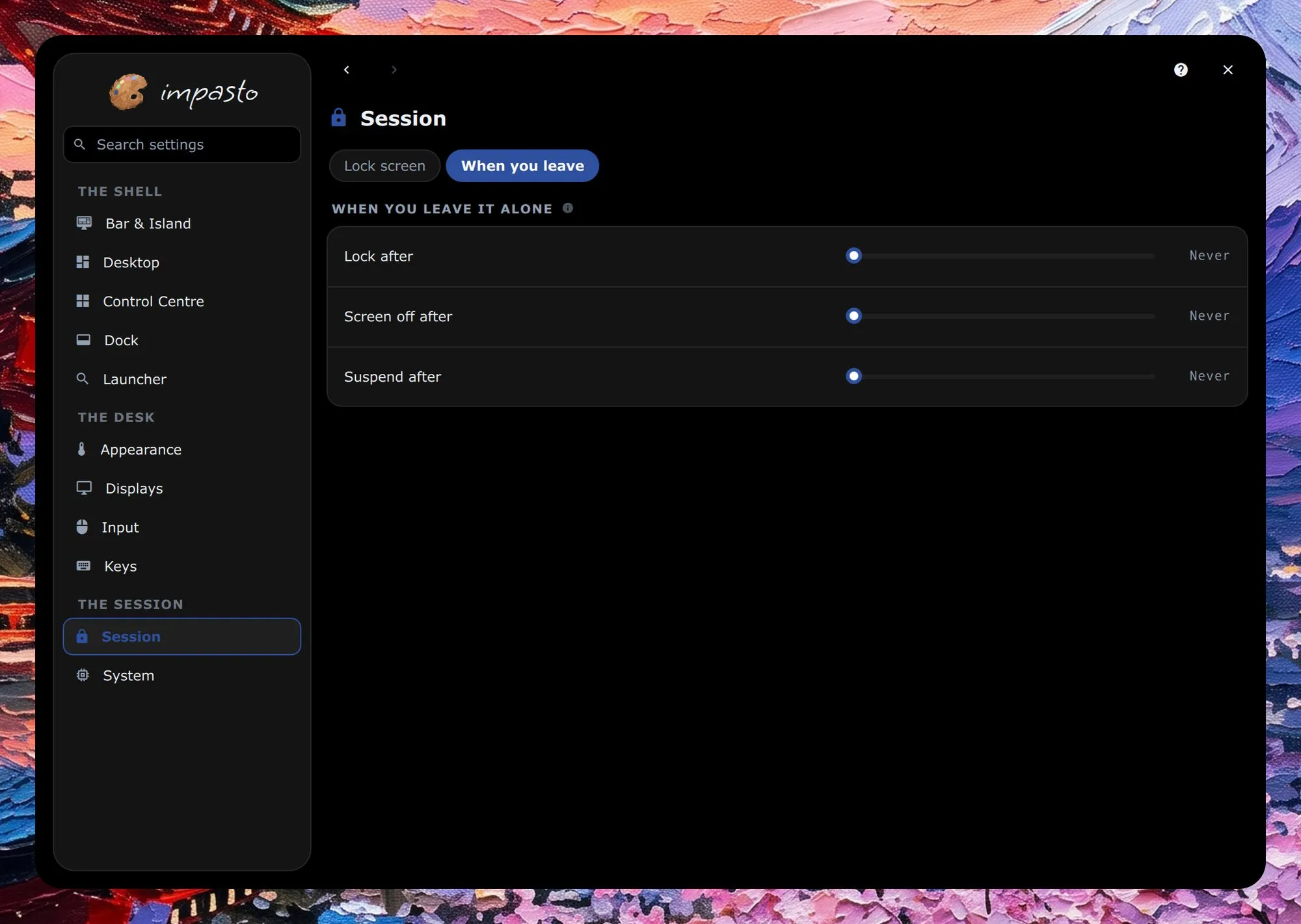 The settings window on the Session page, with the sidebar on the left; the page shows when to lock, turn the screen off and suspend after the machine is left alone, all set to never.
