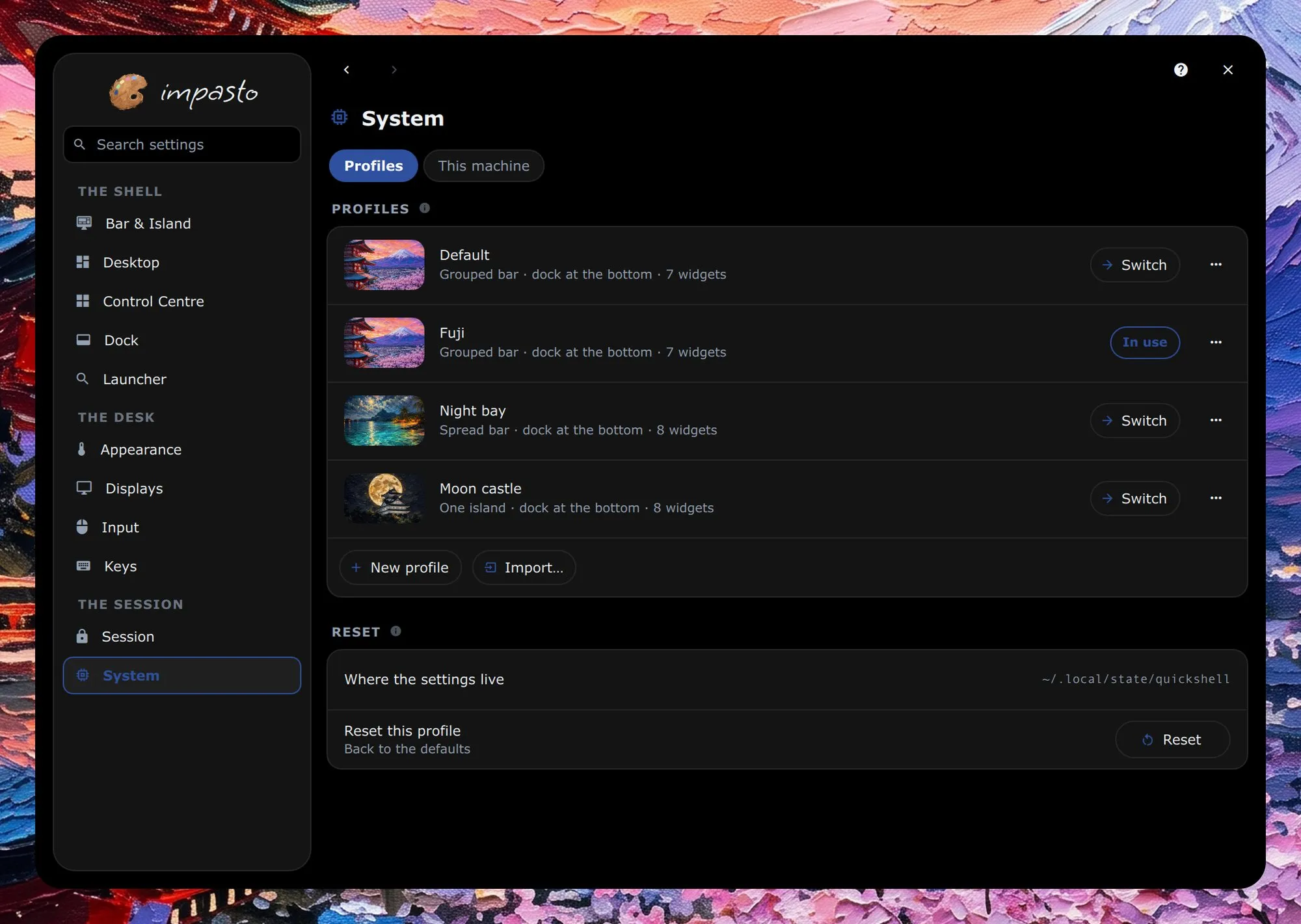 The settings window on the System page, with the sidebar on the left; the page shows the four profiles, Default, Fuji in use, Night bay and Moon castle, and the reset.