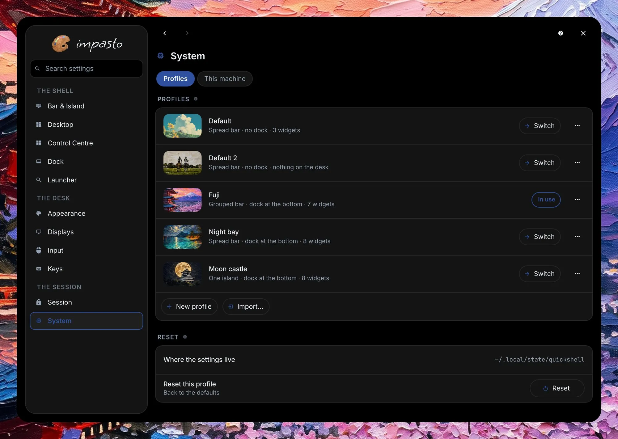 The settings window on the System page, with the sidebar on the left; the page shows the four profiles, Default, Fuji in use, Night bay and Moon castle, and the reset.