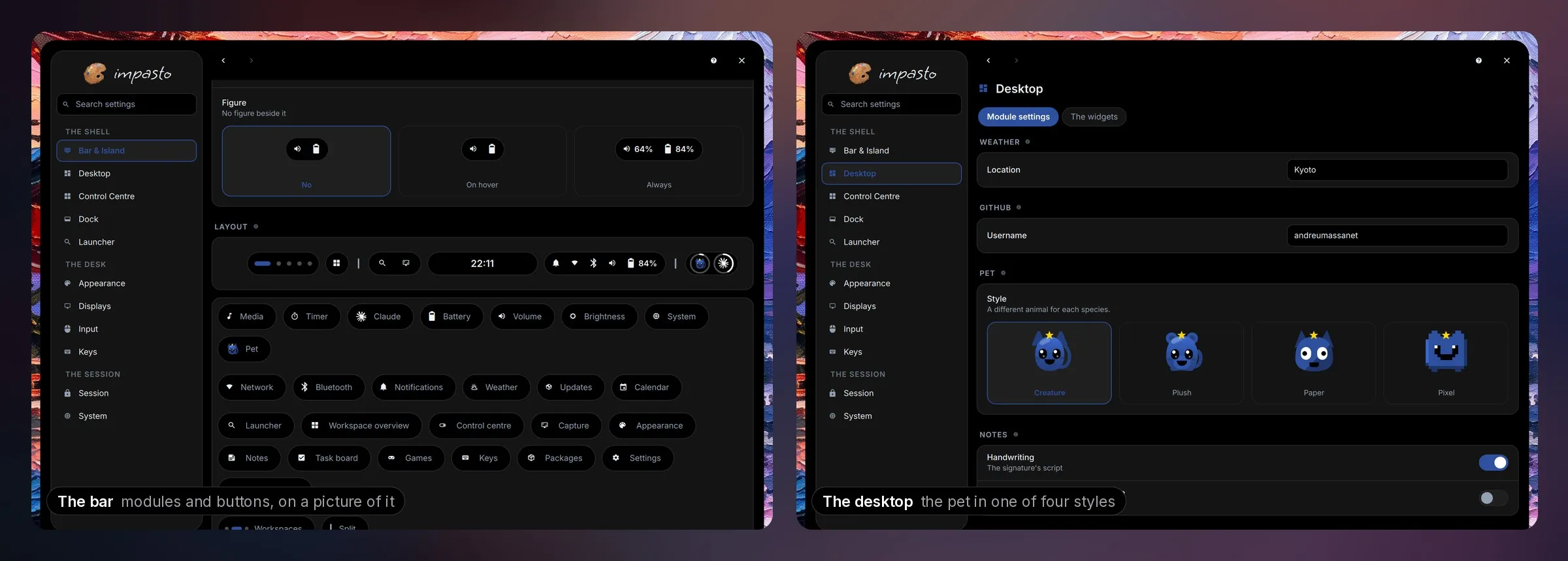Two pages of the settings window: the bar arranged on a picture of it from a catalogue of modules and buttons, and the desktop's module settings with the pet drawn in its four styles