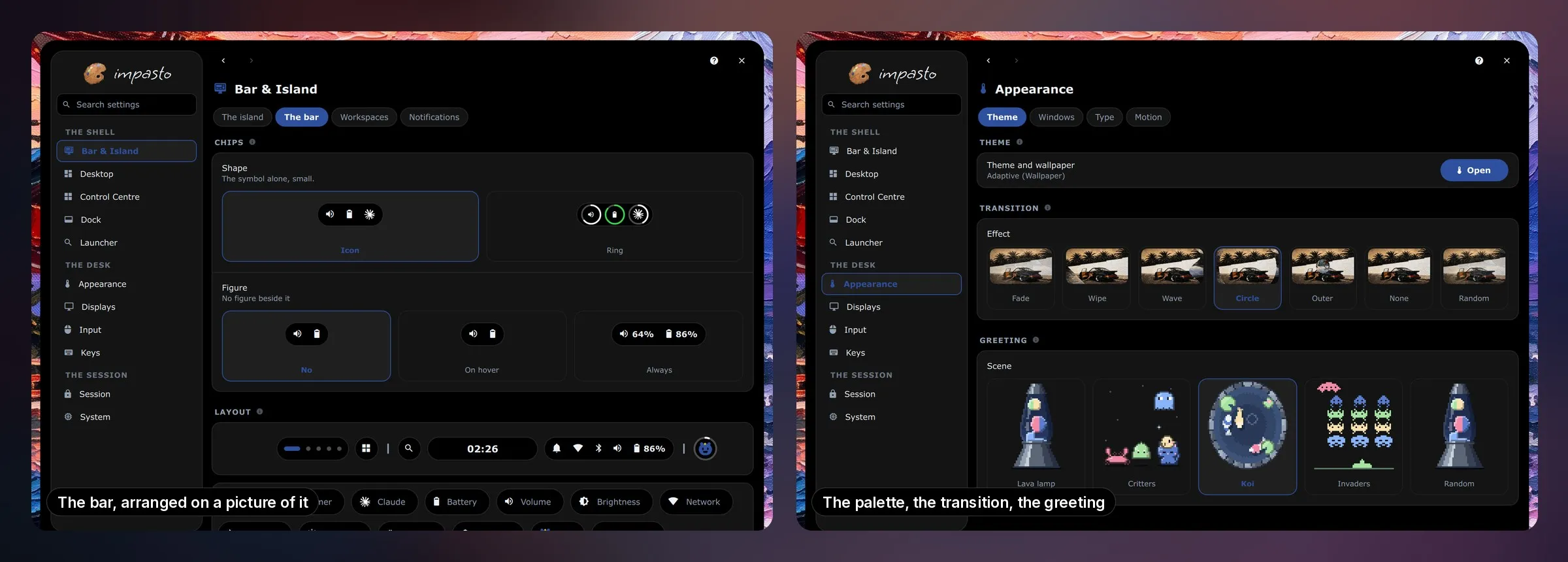 Two pages of the settings window: the bar arranged on a picture of it, and the appearance with the wallpaper transitions and the greeting scenes