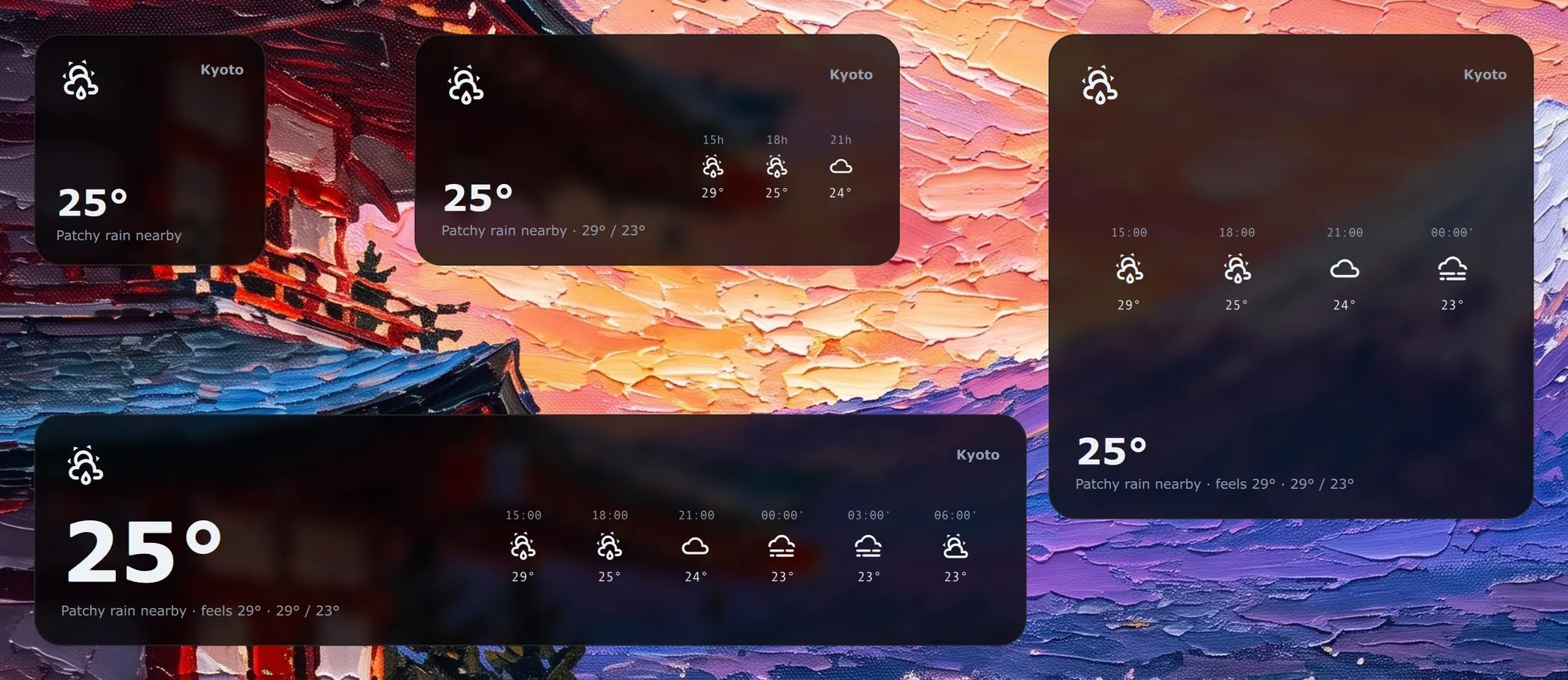 The Weather widget in its four shapes, in Modern: a square, a card, a large square and a band