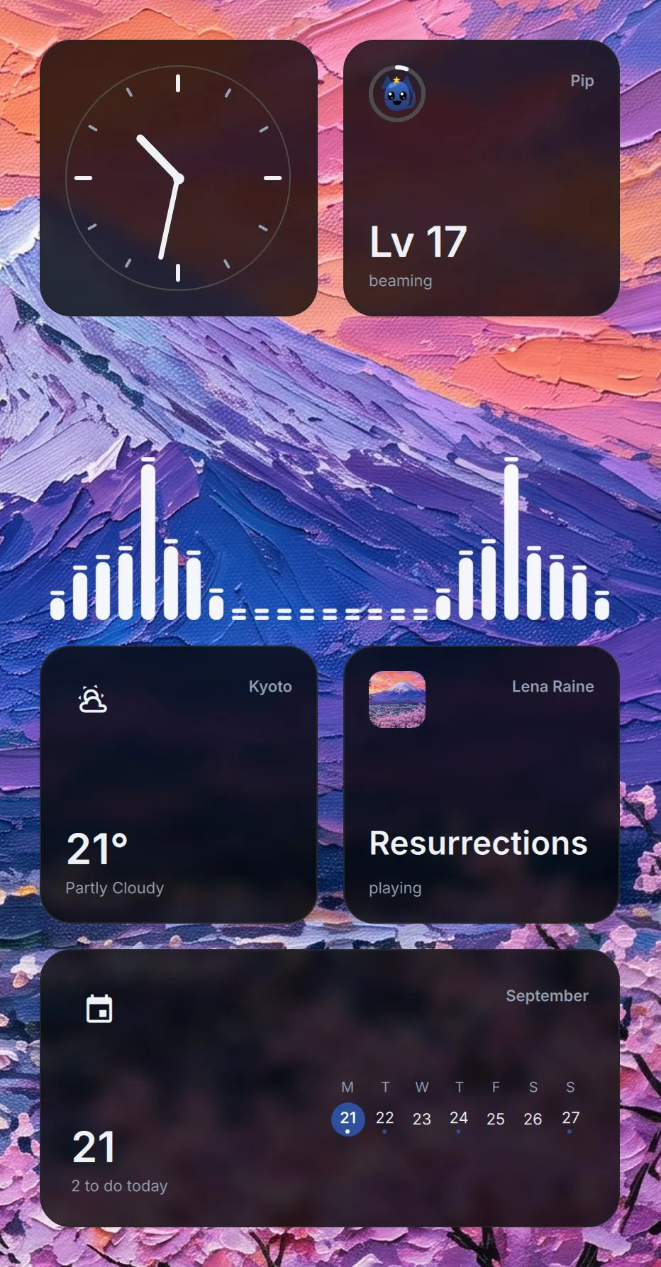 A Spectrum widget on the grid among other widgets: bare bars rising over the wallpaper, with no capsule round them.