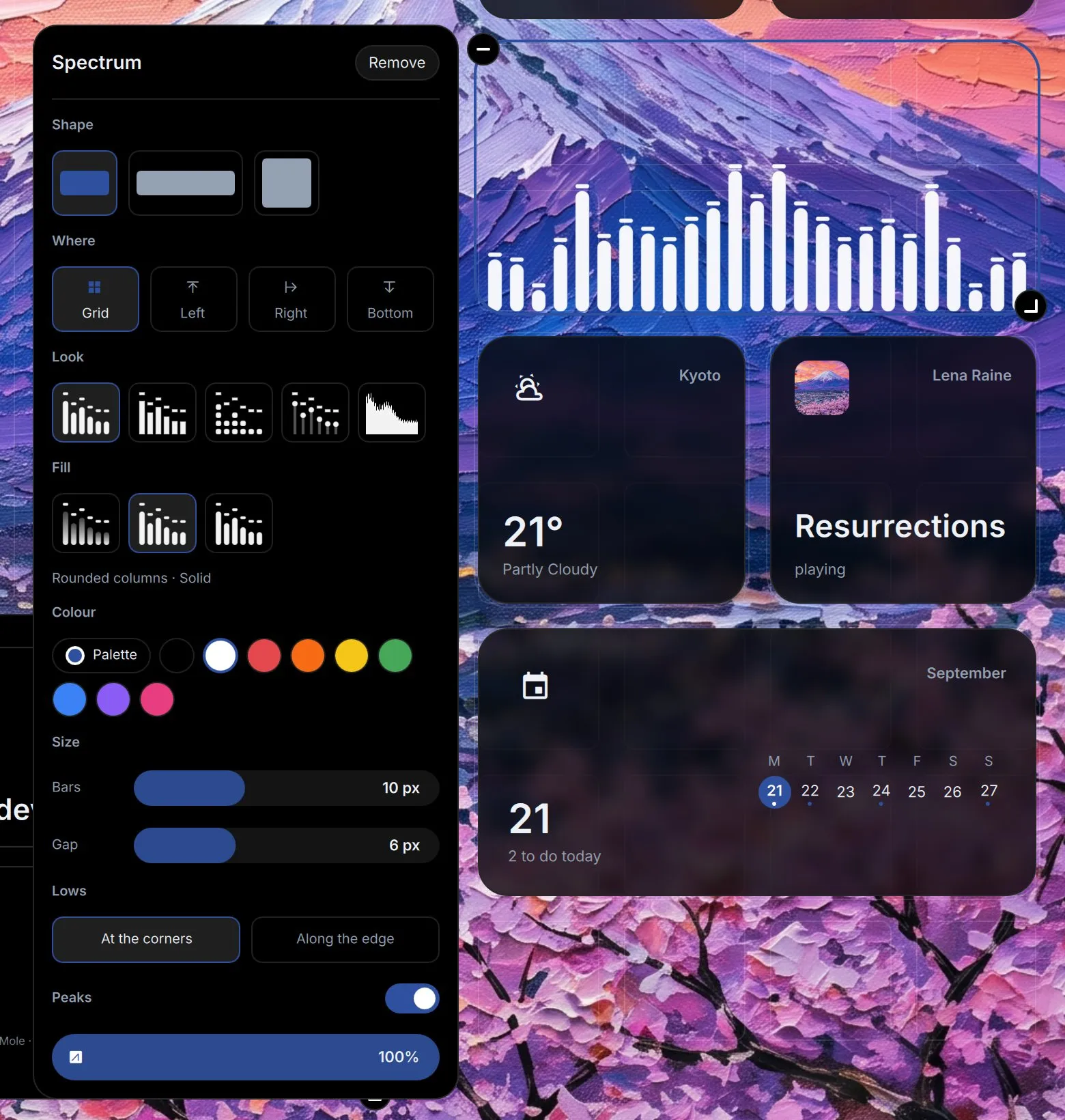 The card for a spectrum beside it: Where, Look, Fill, Colour, Size, Lows, Peaks and an opacity slider, each look and fill drawn as a small sample.