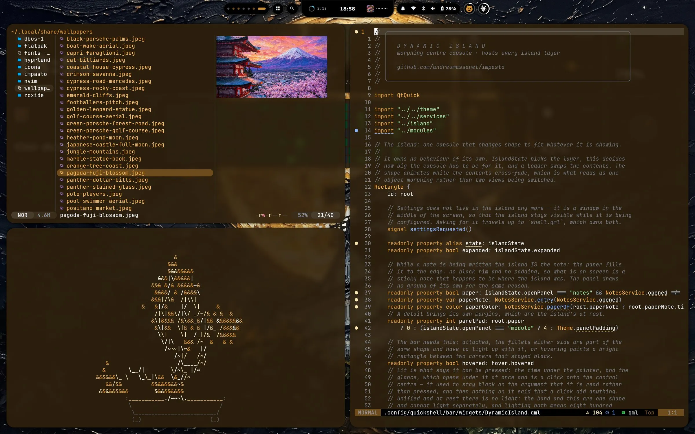 yazi browsing the wallpapers with a preview, cbonsai growing a tree, and neovim editing the island's source, all in the palette of a golden wallpaper