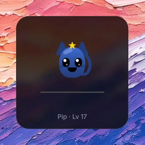 The Pet widget in Analogue: Pip, a blue cat with a star, larger, on a line of ground over Pip · Lv 17
