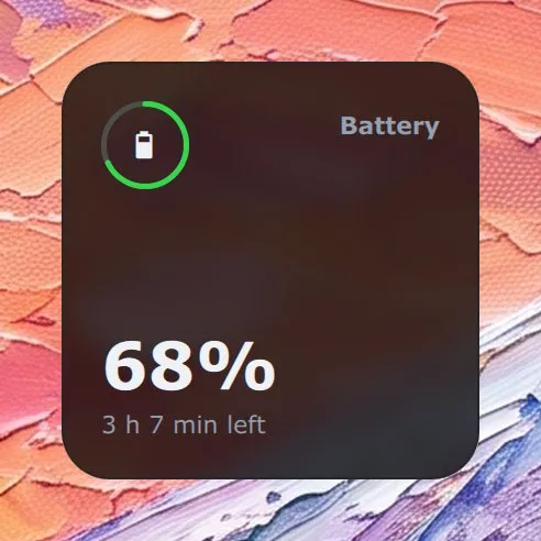 The Battery widget in Modern: 68 % and 3 h 7 min left, inside a charge ring