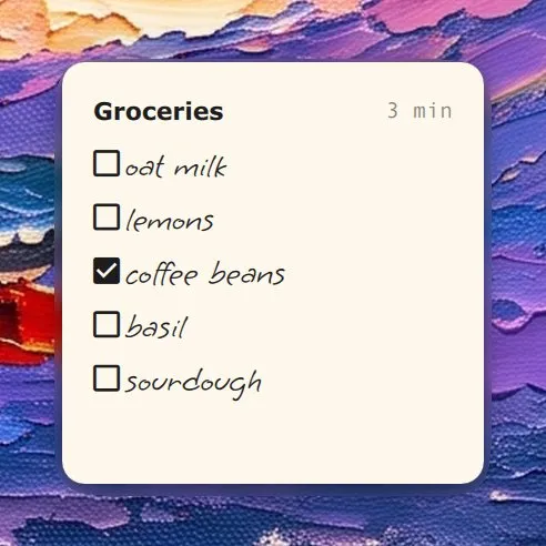 The Notes widget in Modern: a grocery list on paper, in handwriting