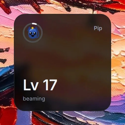 The Pet widget in Modern: Pip, a small blue cat with a star, in a ring, over Lv 17 and beaming