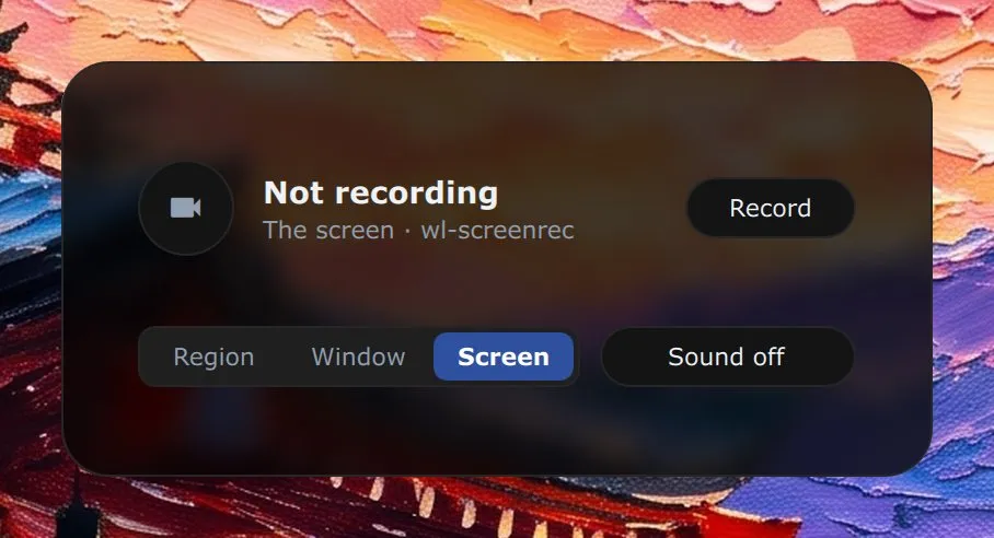 The Recorder widget in Modern: not recording, with the region, window and screen choices and a Record button