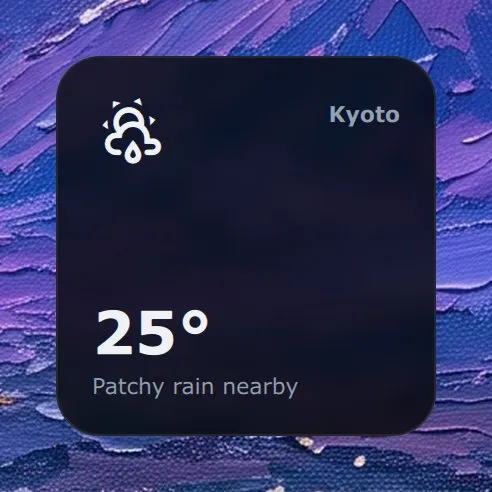 The Weather widget in Modern: 25° in Kyoto, patchy rain nearby