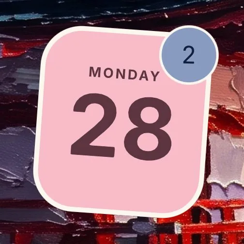 The Calendar widget in Sticker: a pink square with Monday 28, and a round sticker counting 2 due