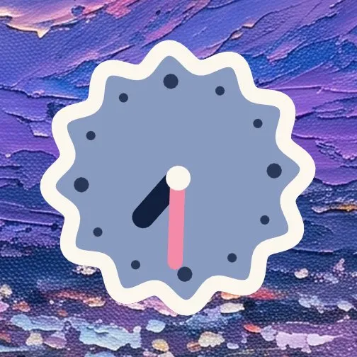 The Clock widget in Sticker: a twelve-lobed dial with pill hands, the minute hand red