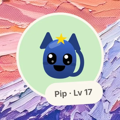 The Pet widget in Sticker: Pip, the blue cat with a star, on a green disc, with Pip · Lv 17 on a tag