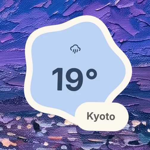 The Weather widget in Sticker: 19° on a blue cloud-shaped sticker, with Kyoto on a tag