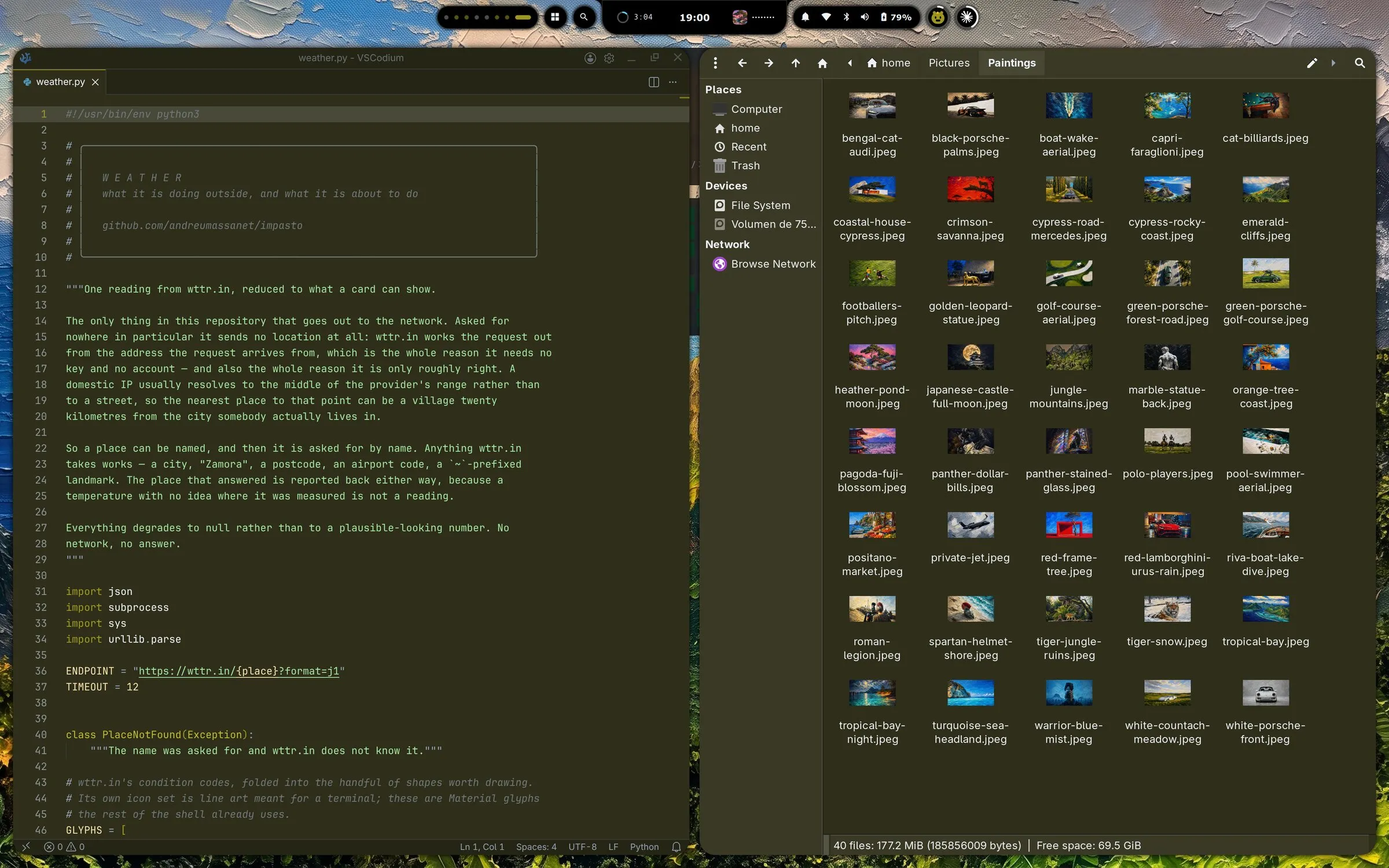 VSCodium and Thunar side by side in a green-gold palette, Thunar showing the wallpapers folder, under the bar