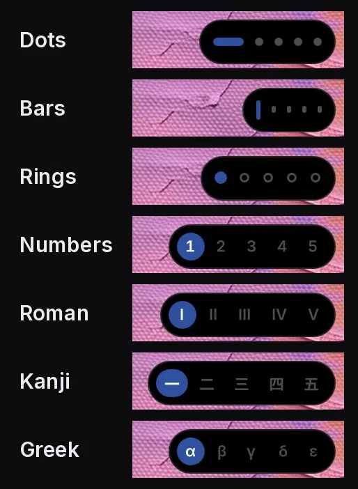 The workspace strip seven times: dots, bars, rings, then the numbers written as digits, roman numerals, kanji and greek letters, each with the workspace in view lit in the accent